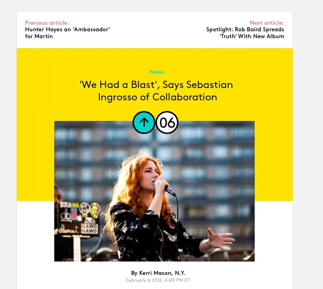 Music news article with vibrant accent color, editorial, light-mode, vibrant
