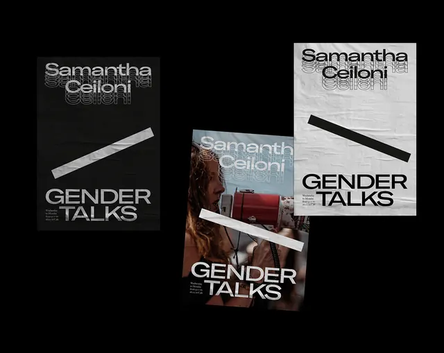 Gender Talks poster series mockups, brutalist, editorial, monochrome