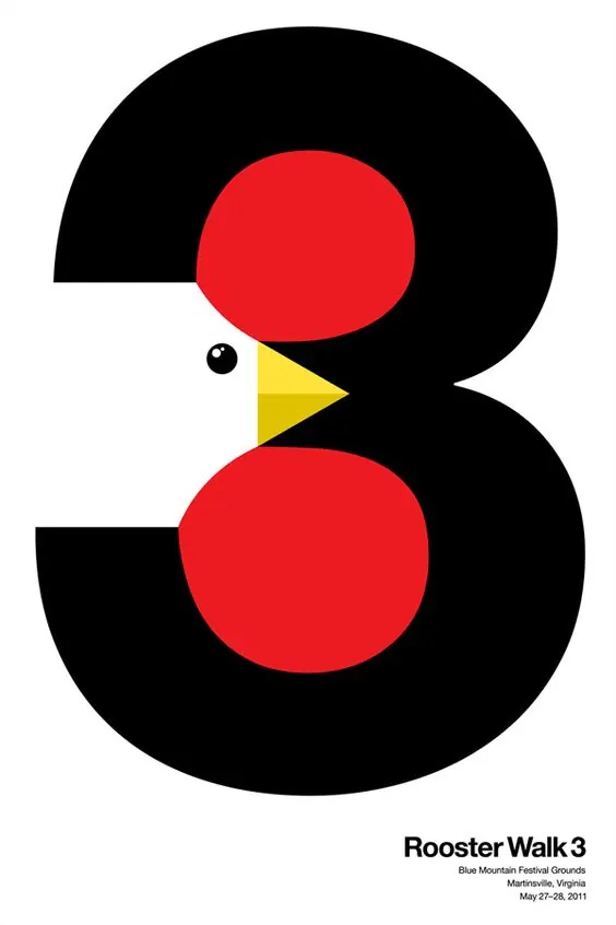 Rooster Walk 3 festival poster, graphic, geometric, high-contrast
