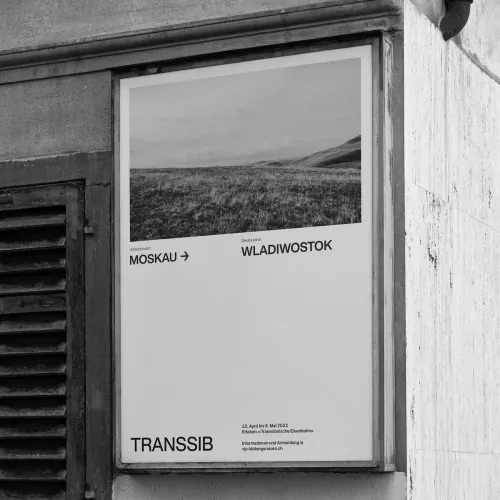Transsib railway poster in lightbox, swiss, editorial, monochrome