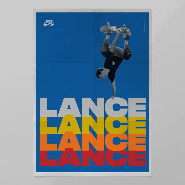 Nike SB Lance Mountain handplant poster, flat, photographic, vibrant