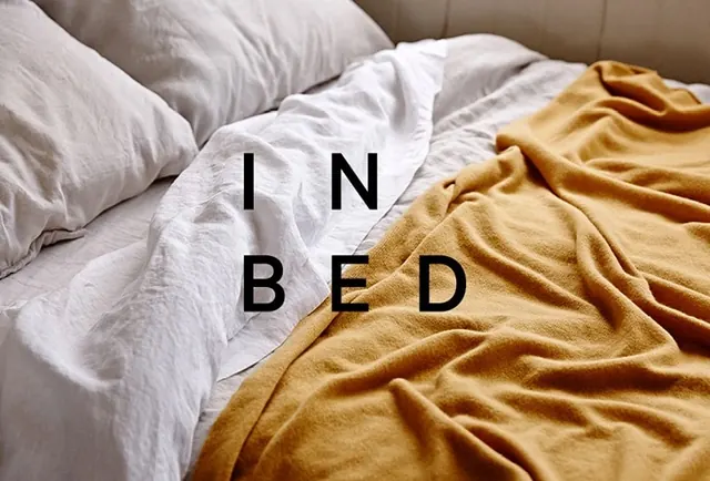 IN BED linen typography overlay, minimal, photographic, light