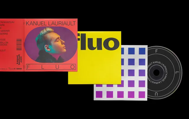FLUO album packaging mockup, minimal, flat, vibrant