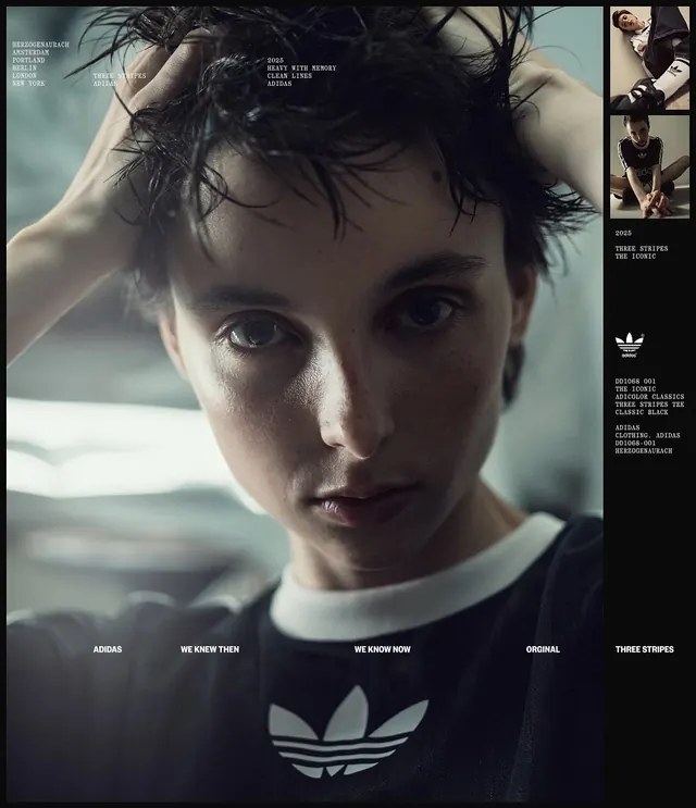 Adidas editorial three-stripes layout, editorial, dark-mode, dark