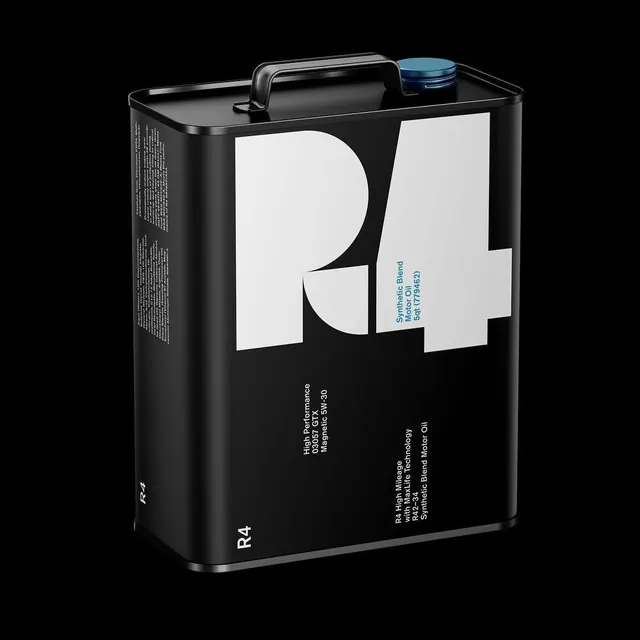 R4 motor oil packaging render, minimal, swiss, dark