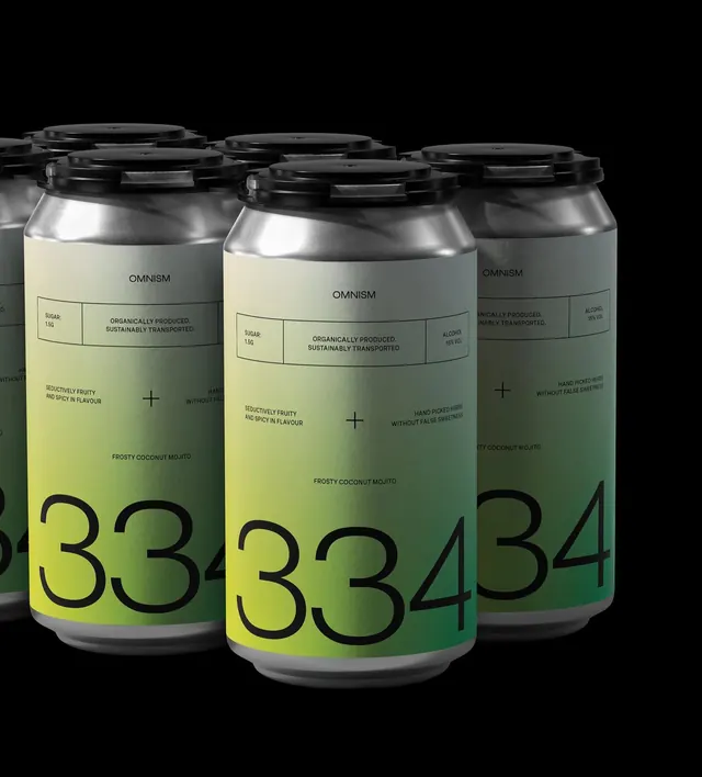 OMNISM cocktail can packaging, minimal, corporate-clean, dark