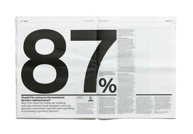 Newspaper spread with 87% stat, editorial, swiss, light