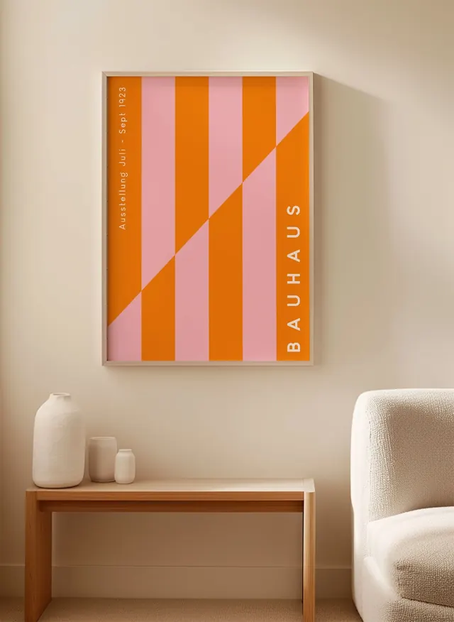 Pink And Orange Stripes Bauhaus - 24x36 inch, swiss, editorial, pastel