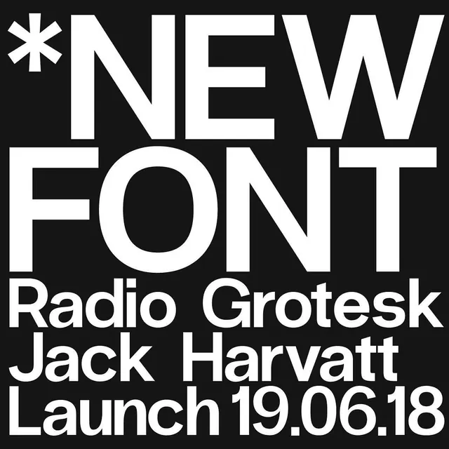 Radio Grotesk font launch poster, swiss, minimal, dark