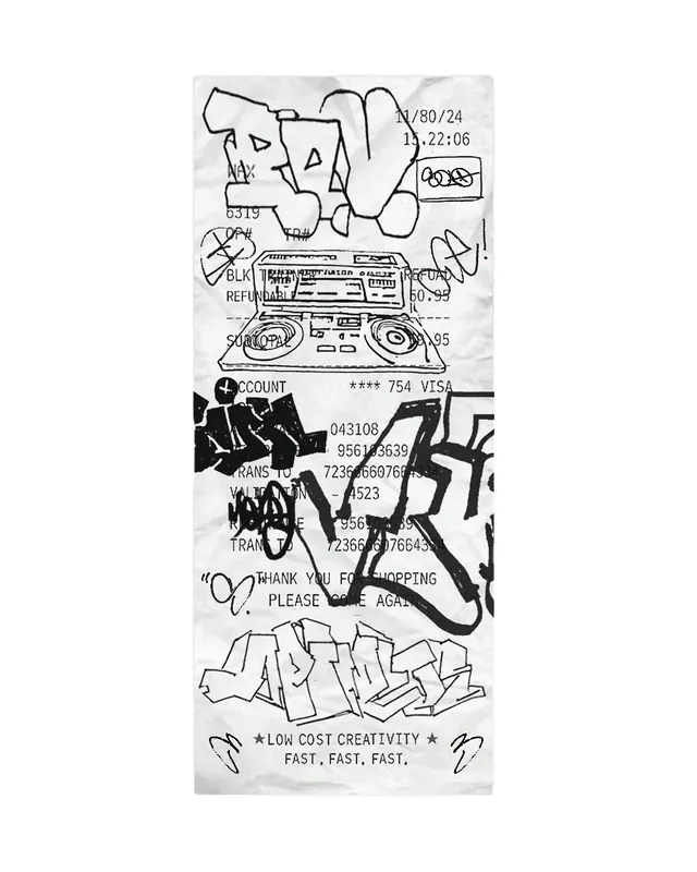 Receipt graffiti collage poster, brutalist, illustrated, monochrome