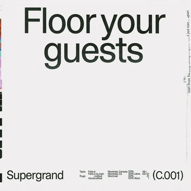 Supergrand rug label typography, minimal, swiss, monochrome