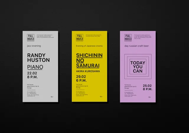 Full House bar event posters, swiss, minimal, vibrant