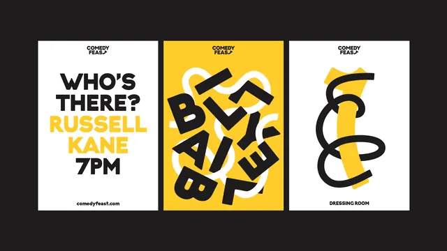 Comedy Feast event poster trio, playful, flat, vibrant