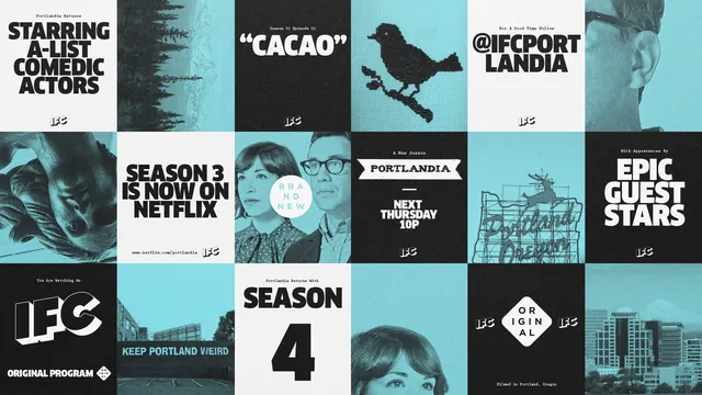 Portlandia IFC promotional tile grid, minimal, editorial, light