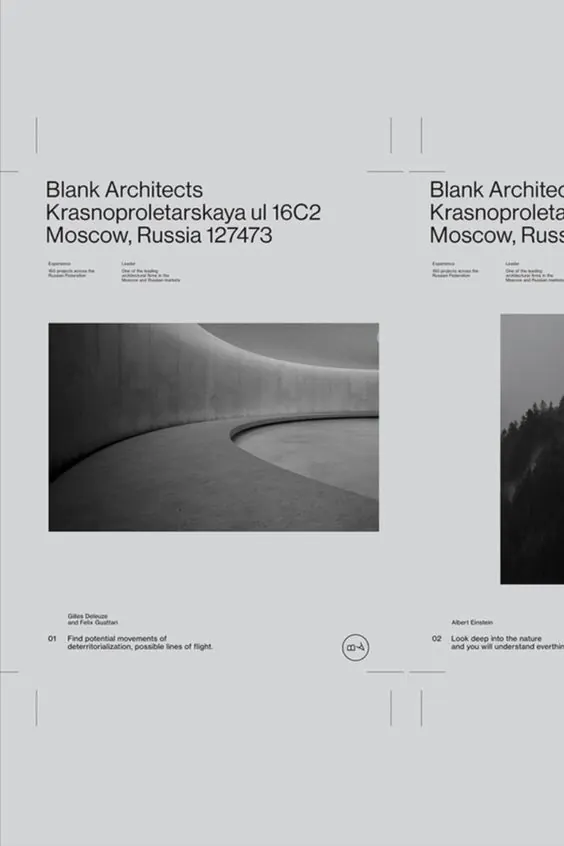 Blank Architects brochure spread, swiss, minimal, monochrome