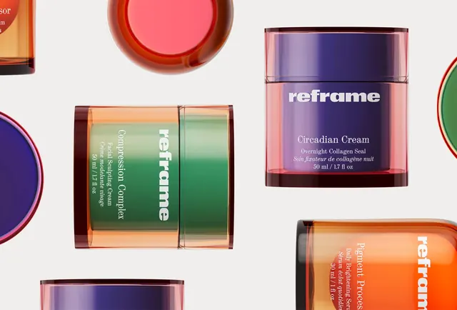 Reframe skincare packaging flat lay, minimal, luxury, vibrant