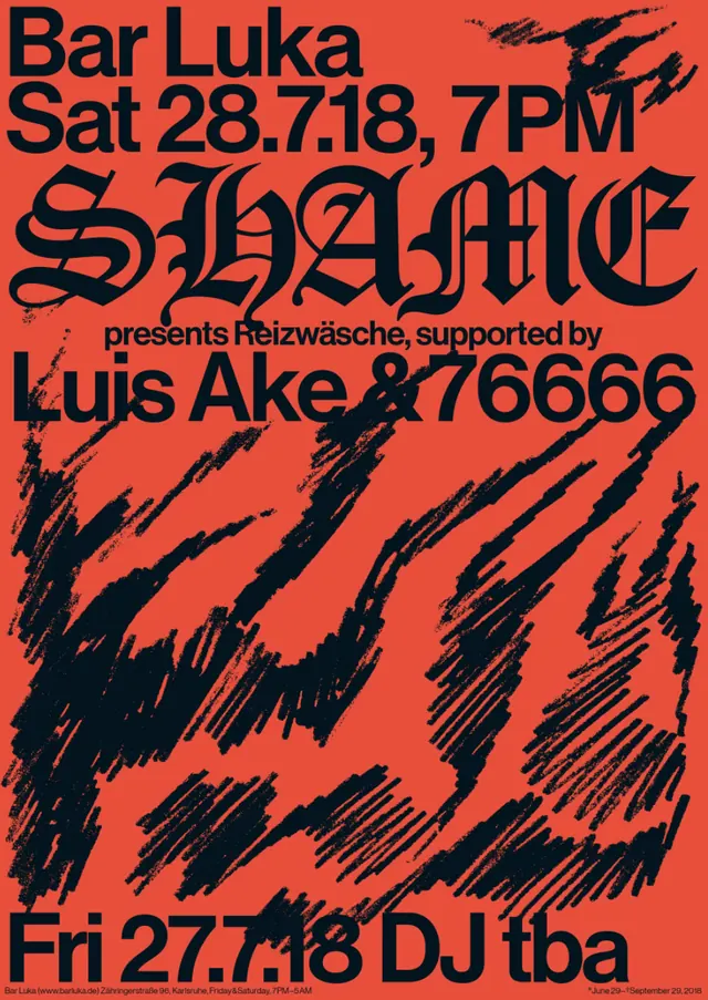 SHAME event poster with scribbles, brutalist, editorial, vibrant
