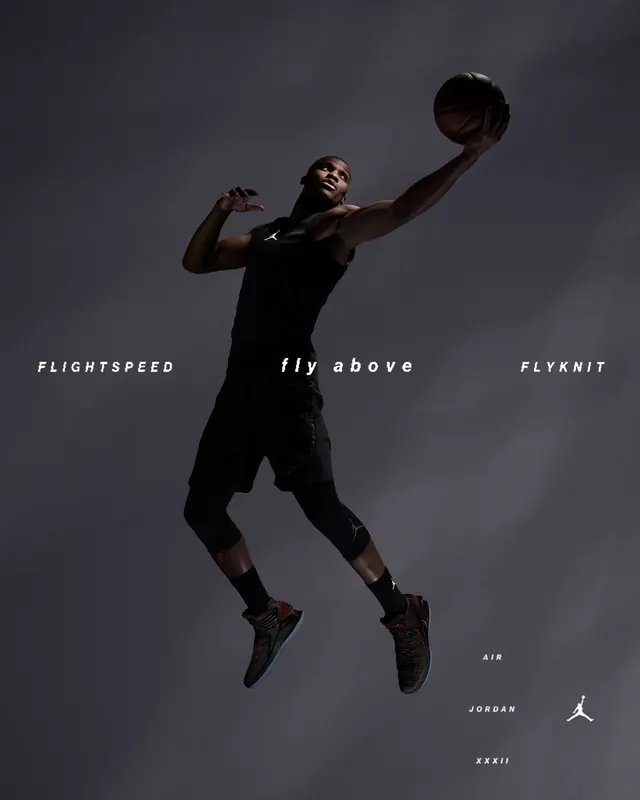 Air Jordan XXXII fly above ad, dark-mode, photographic, dark