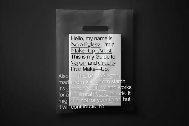Vegan makeup guide in cornstarch bag, minimal, editorial, monochrome
