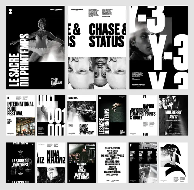 Printworks London poster series, swiss, minimal, monochrome