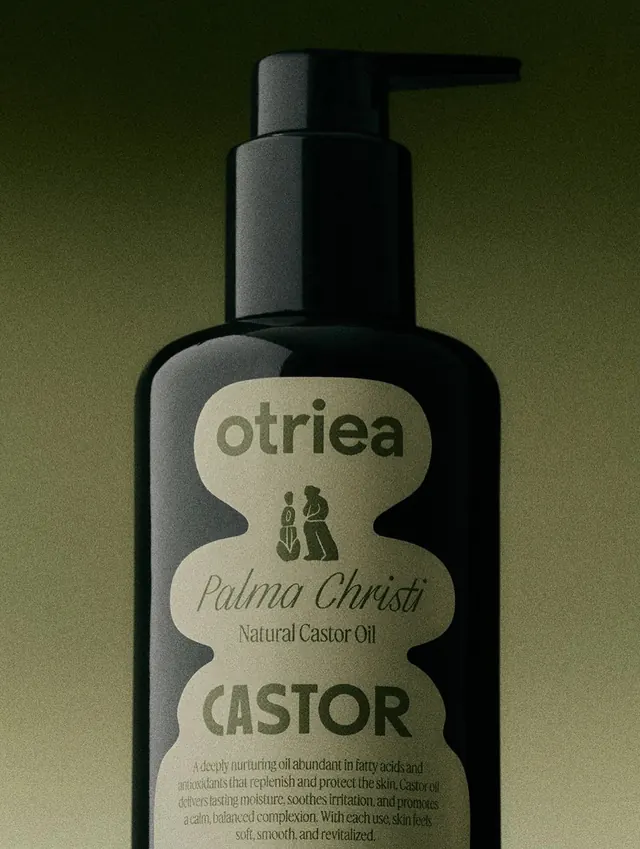 Otriea castor oil bottle label, minimal, organic, dark