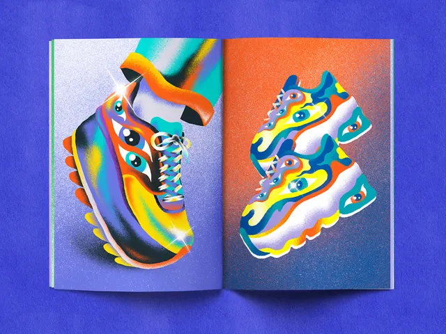 Psychedelic sneaker zine spread, illustrated, maximalist, vibrant