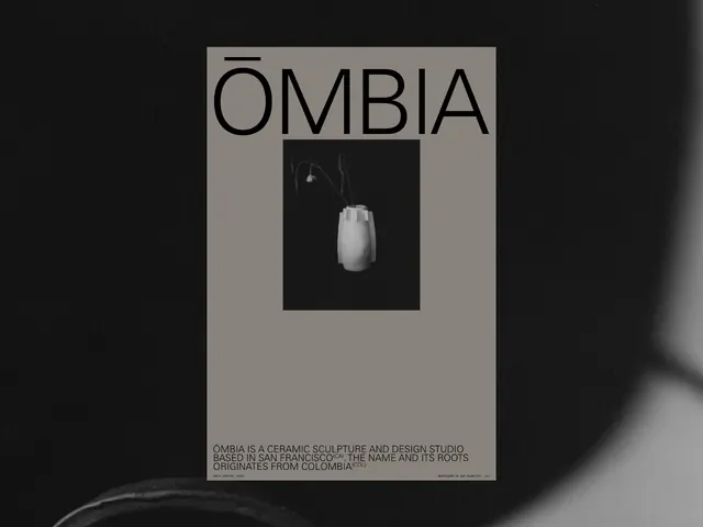 ŌMBIA ceramic studio brand poster, minimal, monochrome, muted