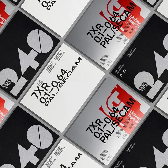 7XR VHS sleeve packaging grid mockup, technical, swiss, light