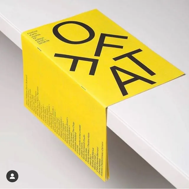 OFTA yellow festival program fold, minimal, swiss, vibrant