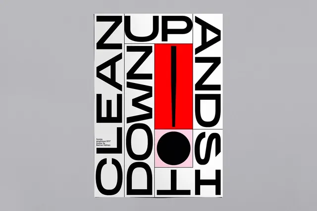 Graphic poster with grid and red accent, geometric, brutalist, monochrome