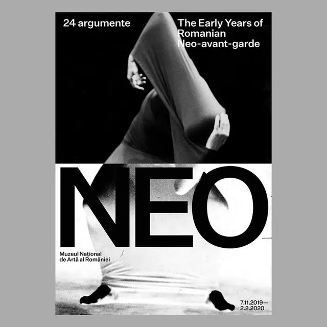 NEO exhibition poster with sculptural figure, editorial, swiss, dark