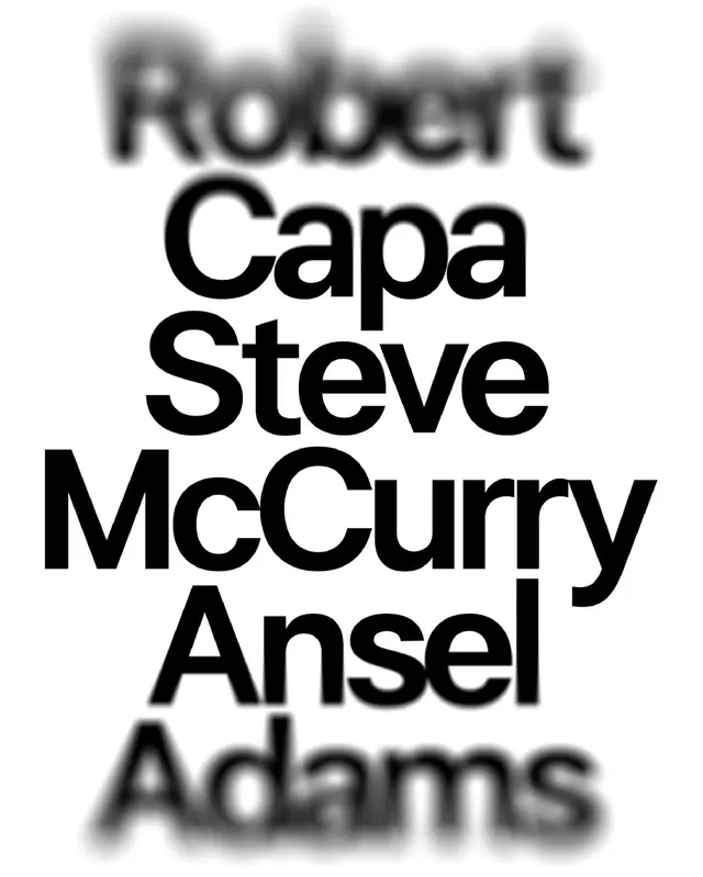 Bold typographic poster with photographer names, minimal, monochrome, light