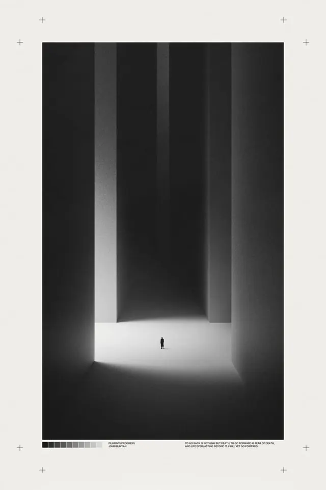 Pilgrim's Progress minimalist architectural poster, minimal, monochrome, dark