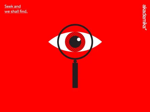 Red graphic poster with eye and magnifying glass, minimal, graphic, vibrant