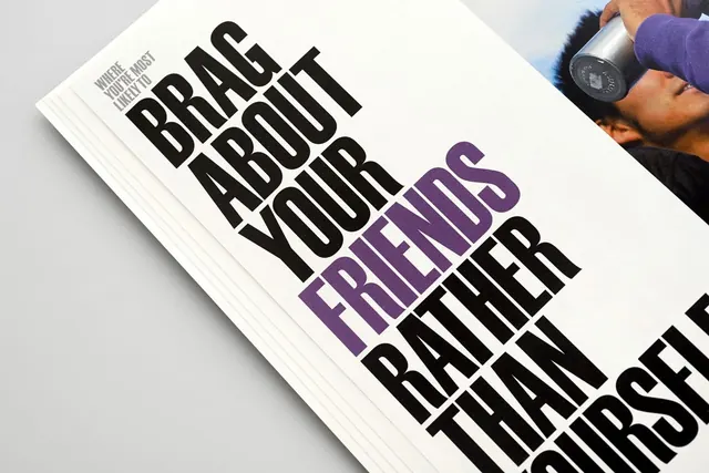 Bold typographic print layout with purple accent, editorial, bold, light