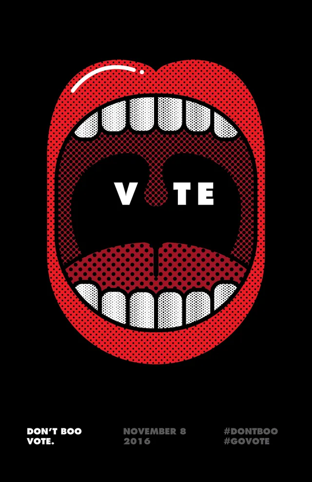 Bold red halftone VOTE poster with open mouth graphic, minimal, editorial, vibrant