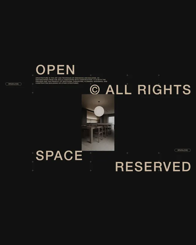 Minimal dark poster with interior photo and large typography, minimal, dark-mode, dark