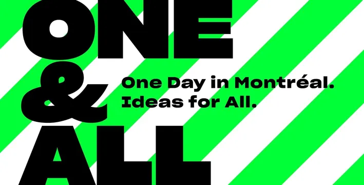 Bold green striped "ONE & ALL" poster for Montreal, minimal, vibrant, vibrant