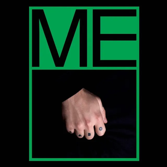ME poster with knuckle tattoos, minimal, editorial, dark