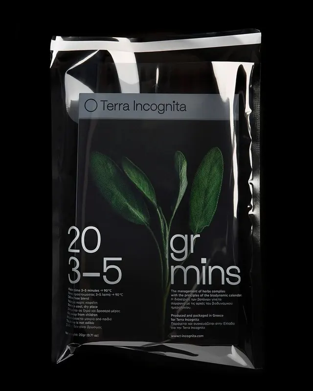 Terra Incognita herb pouch label, minimal, luxury, dark