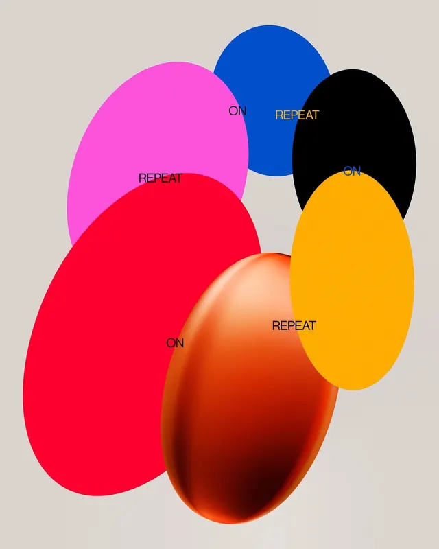 ON REPEAT oval poster, playful, geometric, vibrant