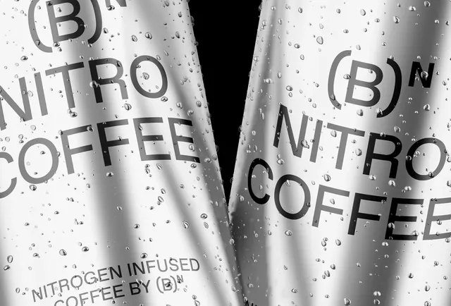 (B)N nitro coffee cans, minimal, corporate-clean, monochrome