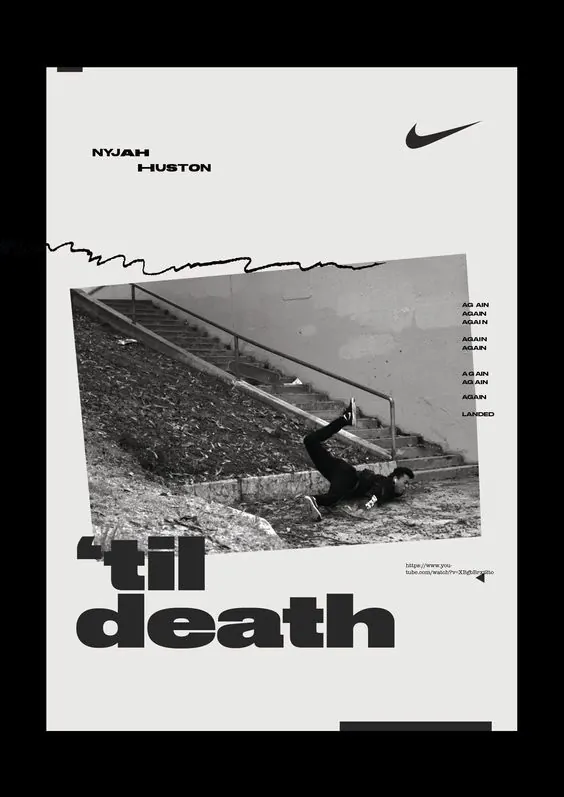 Nyjah Huston Nike SB poster, brutalist, minimal, monochrome