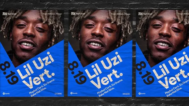 Lil Uzi Vert wheatpaste poster wall, bold, photographic, vibrant