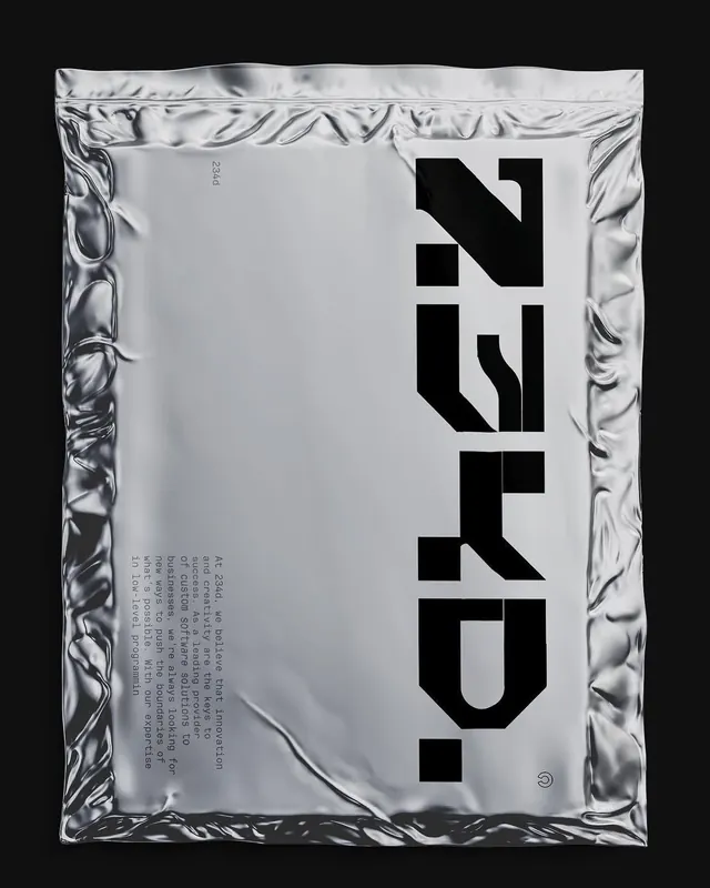 234d chrome mailer packaging, minimal, technical, dark