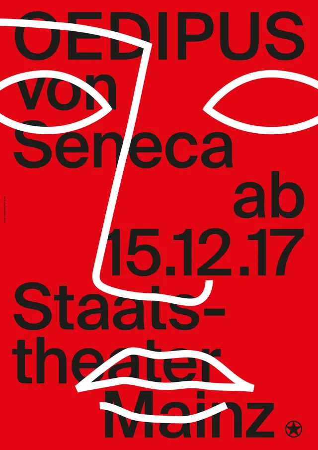 Oedipus theater poster red black white, swiss, minimal, vibrant