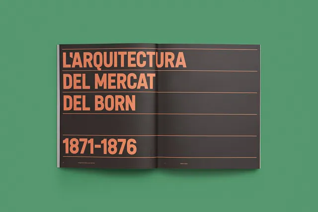 Mercat del Born book spread mockup, editorial, minimal, muted