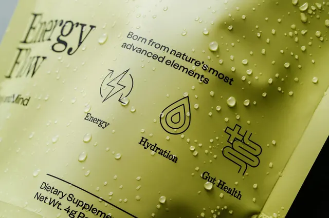 Energy Flow supplement pouch close-up, minimal, organic, light