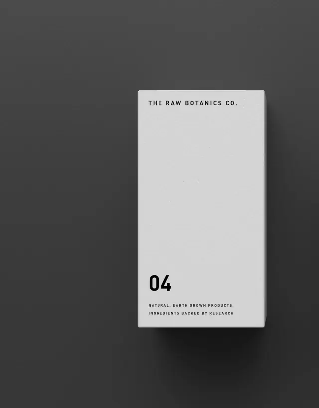 Raw Botanics Co minimal product box, minimal, corporate-clean, monochrome