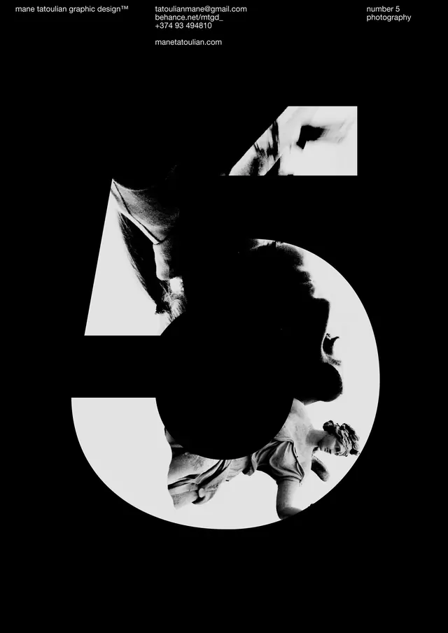 Number 5 photo collage poster, editorial, swiss, dark